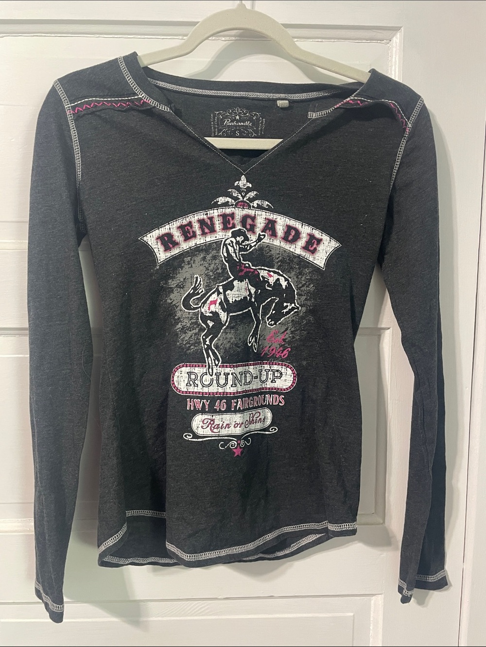 Panhandle Black Long-Sleeve Graphic Rodeo Tee with fringe back ladies small